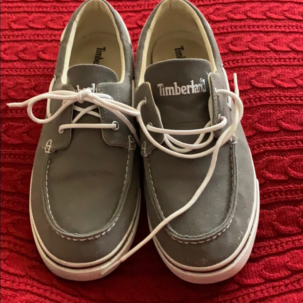 Men’s grey Timberland boat shoes